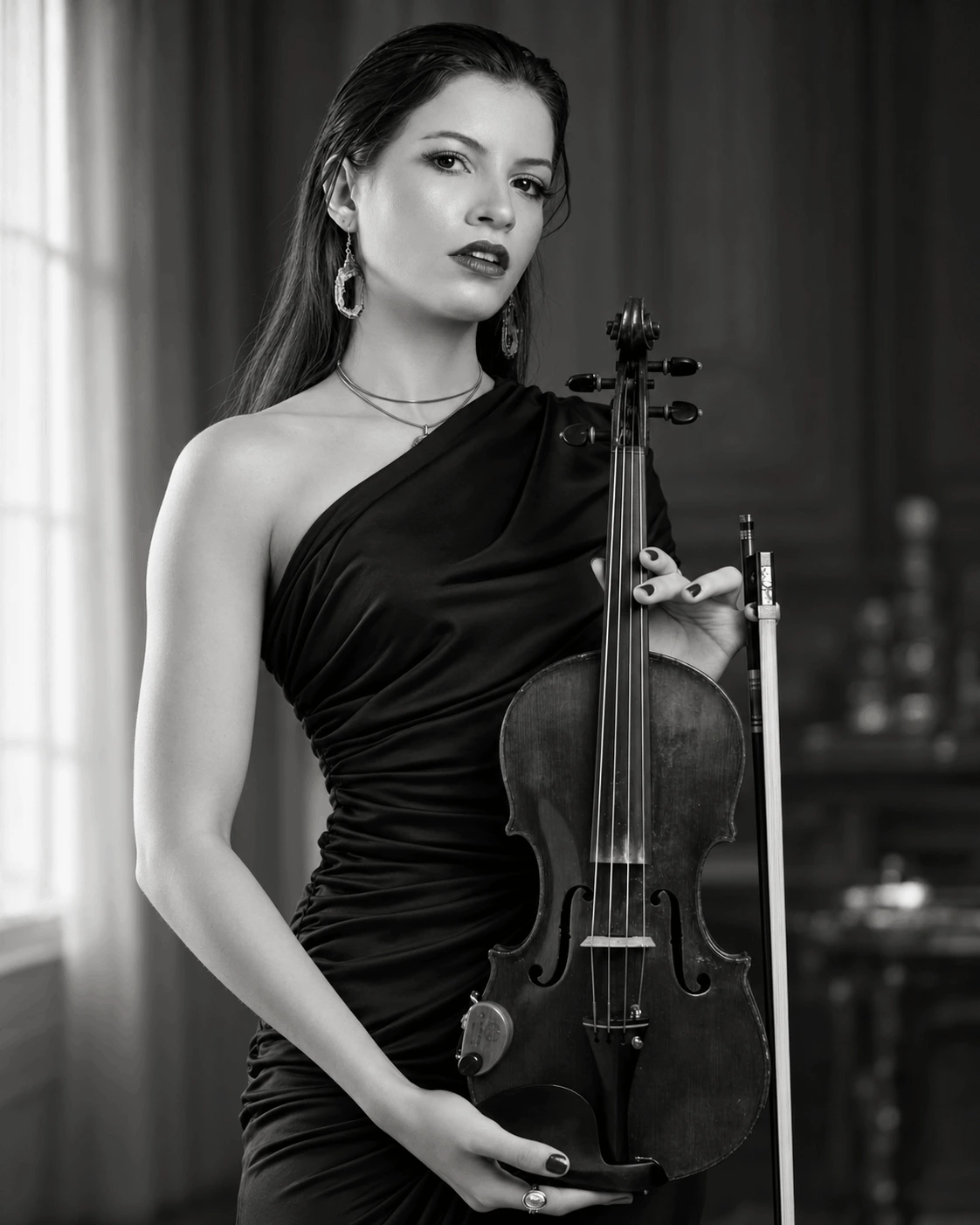 Retrato de Naiara em preto e branco com seu violino