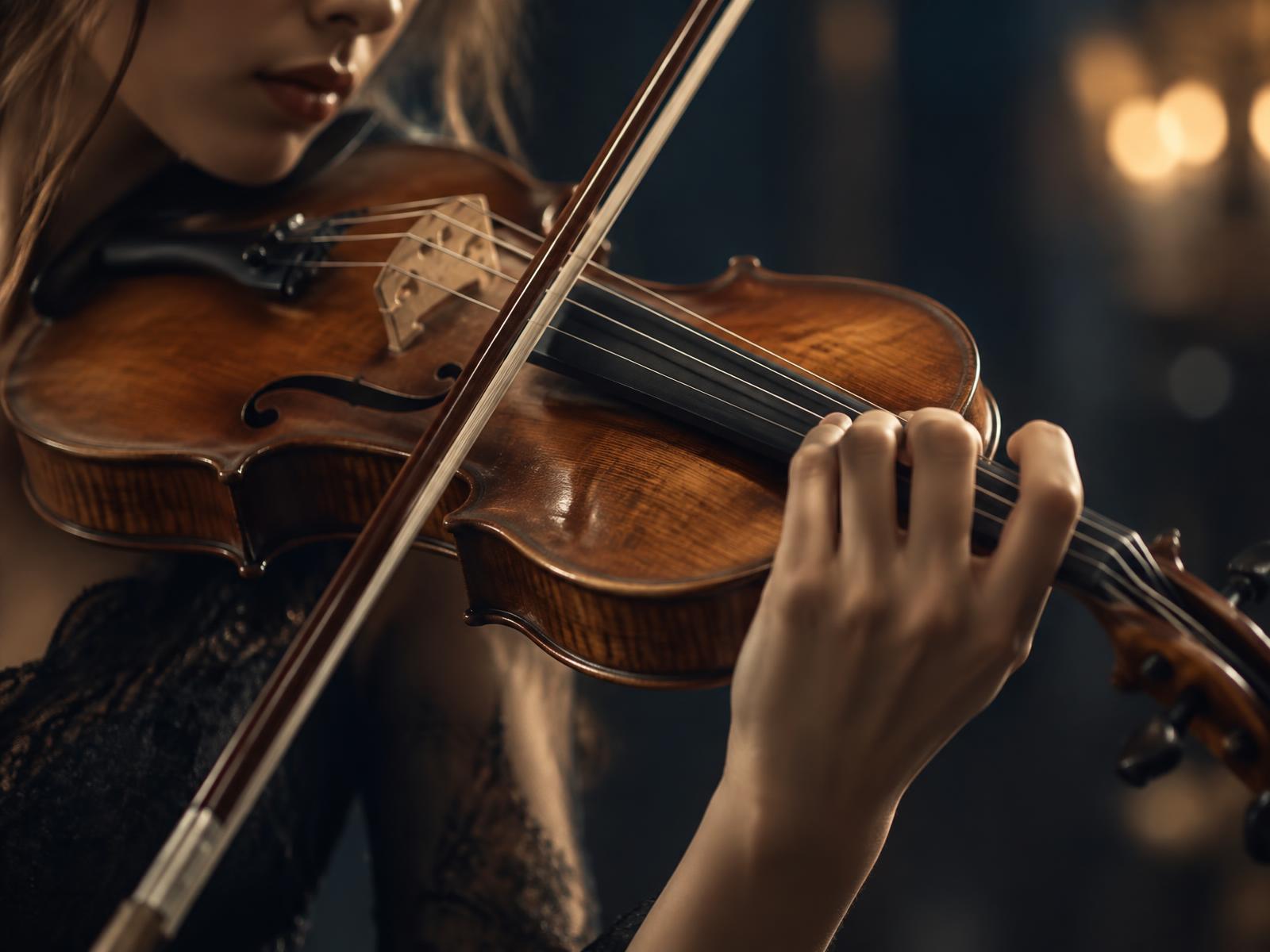 Detalhe das cordas e da madeira de um violino